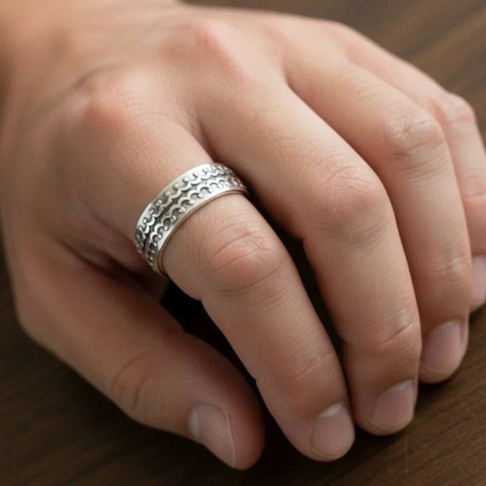 Men’s Sterling Silver Scalloped Crown Open Cuff Ring Band